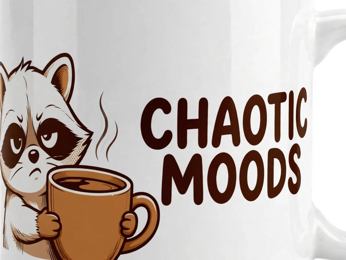 Funny Raccoon Coffee Mug 'Chaotic Moods' – Cute Trash Panda Cup, Gift for Coffee Lovers