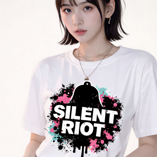 Person wearing a white t-shirt with 'Silent Riot' graphic design on a plain background