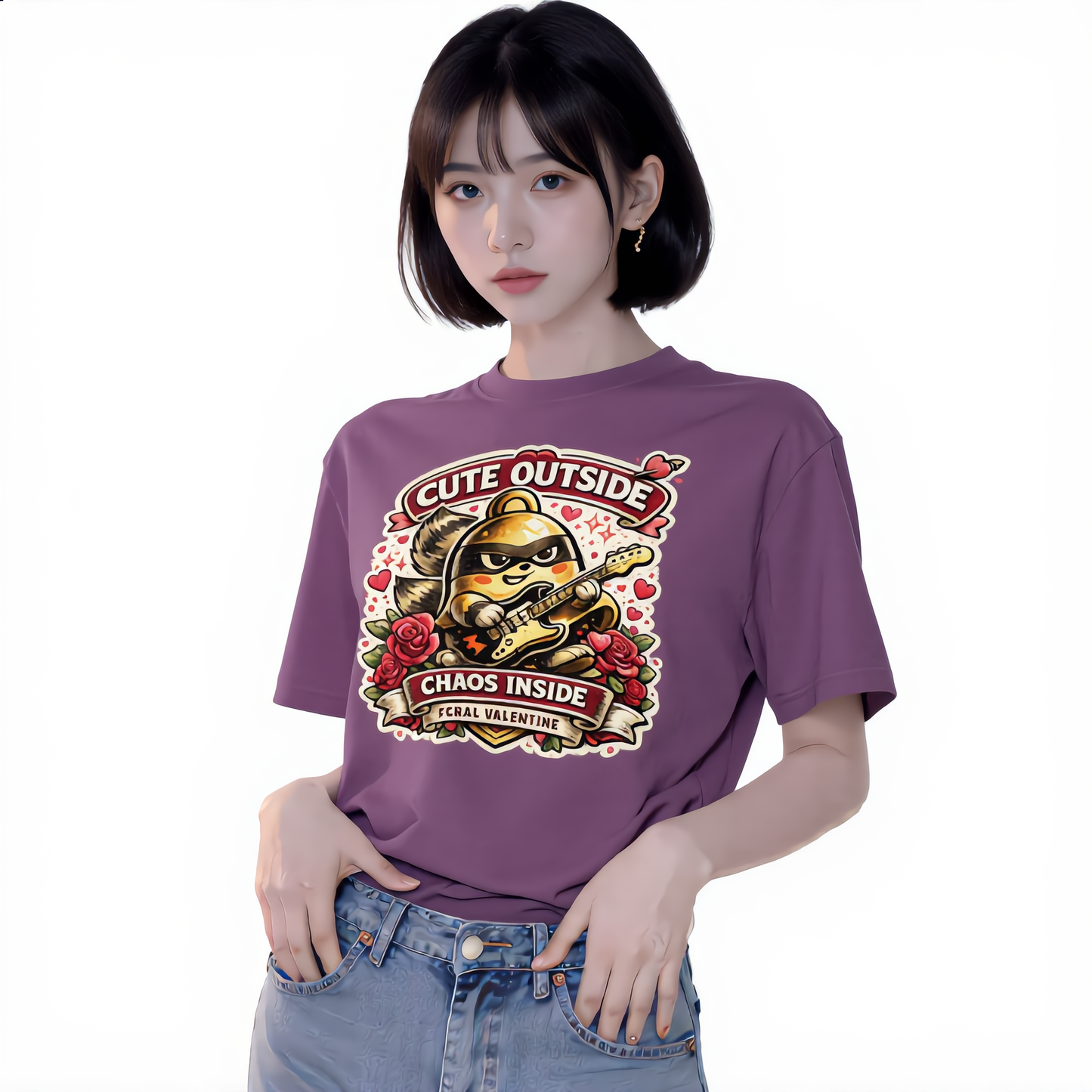 Feral Valentine Raccoon Guitar Shirt – Cute Outside / Chaos Inside – Heavyweight Garment-Dyed Tee