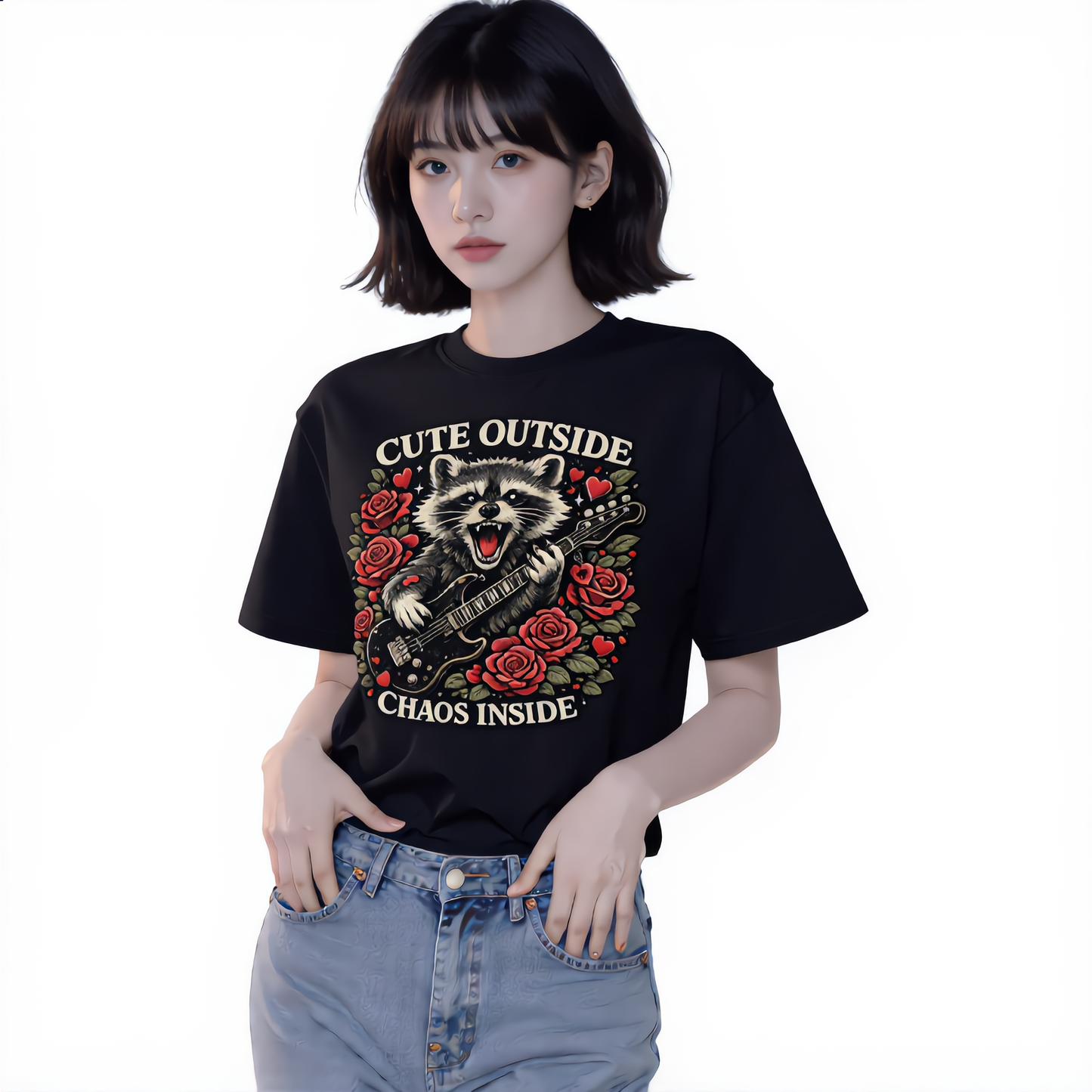 Feral Valentine Raccoon Guitar Tee – Cute Outside Chaos Inside – Heavyweight Garment-Dyed Shirt
