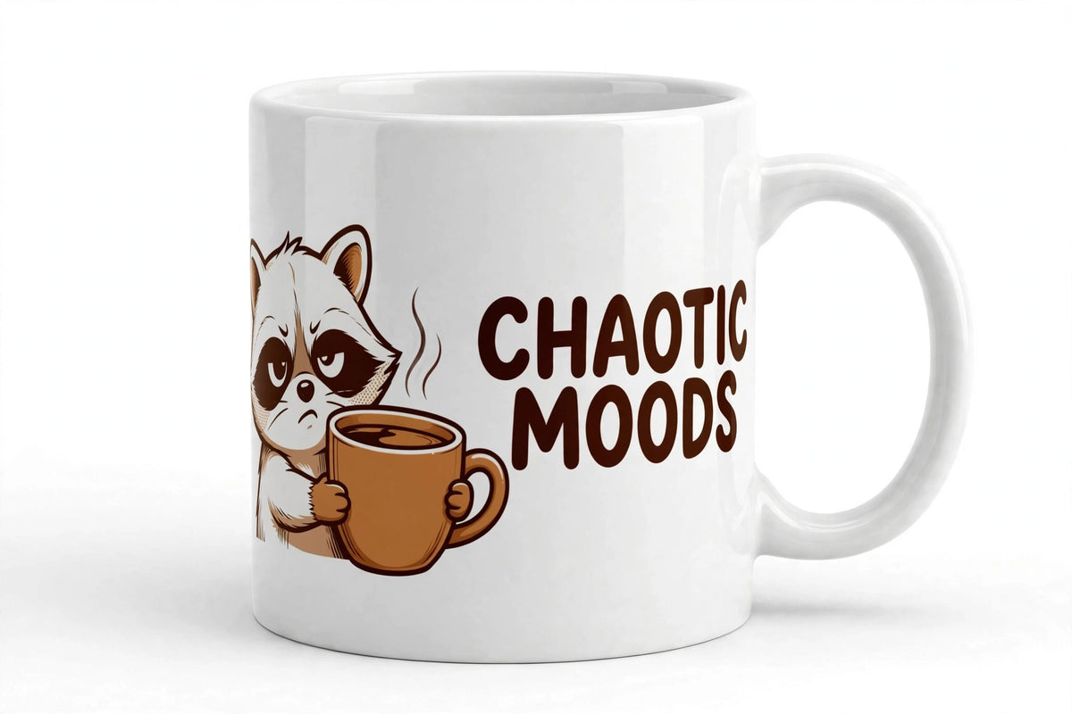 Funny Raccoon Coffee Mug 'Chaotic Moods' – Cute Trash Panda Cup, Gift for Coffee Lovers